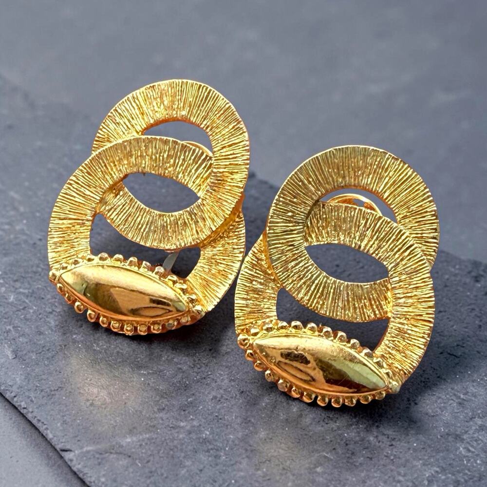 Vintage Monet Gold Tone Door Knocker Clip On Earrings Textured Hoop Marquise